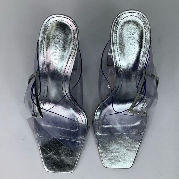 Schutz Madaleni Slide Vinyl  Square Toe Block Heel Silver Sandal Women Sz 8.5B - Picture 5 of 14